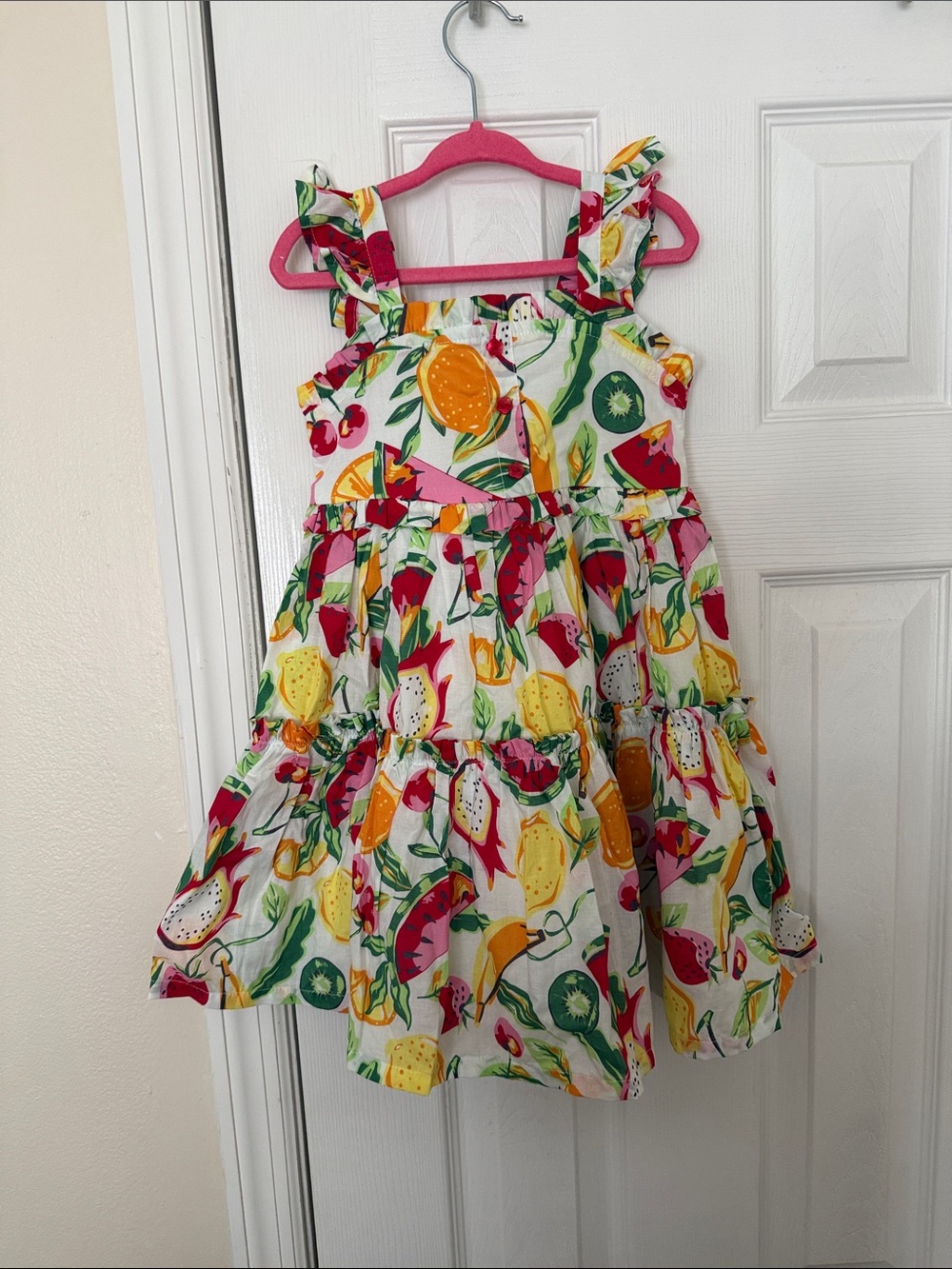 Flapdoodles White Dress with Pink, Yellow, Green and Red Fruit Print